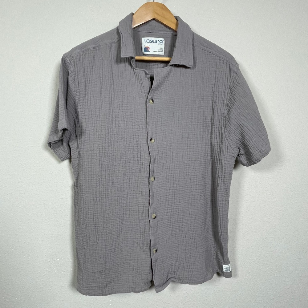 Laguna Gauze Button Up Shirt Mens XL Gray Short Sleeve Cotton Beach Coastal